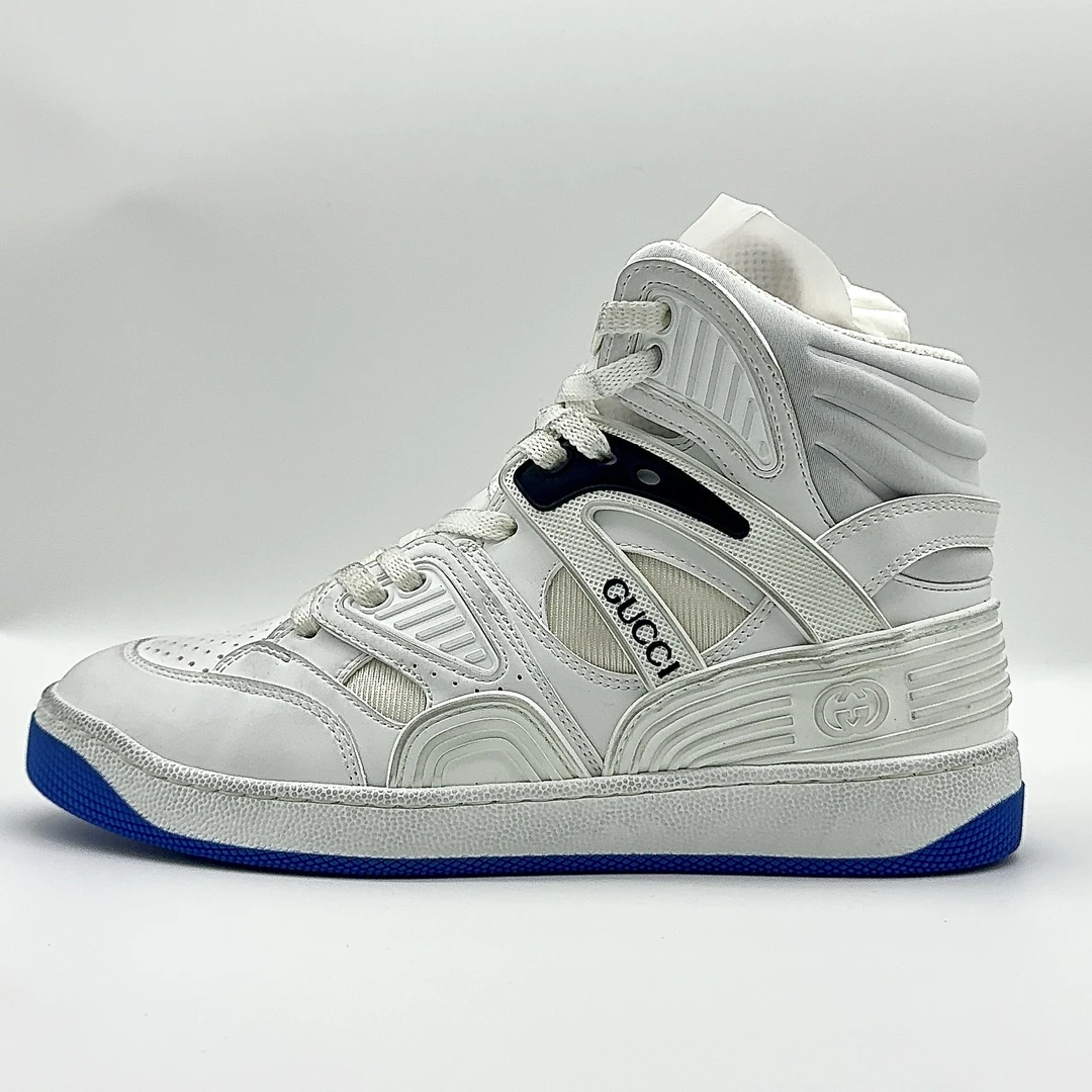 99新 GUCCI/古驰 35码/时尚运动白蓝色高帮复古做旧版休闲板鞋