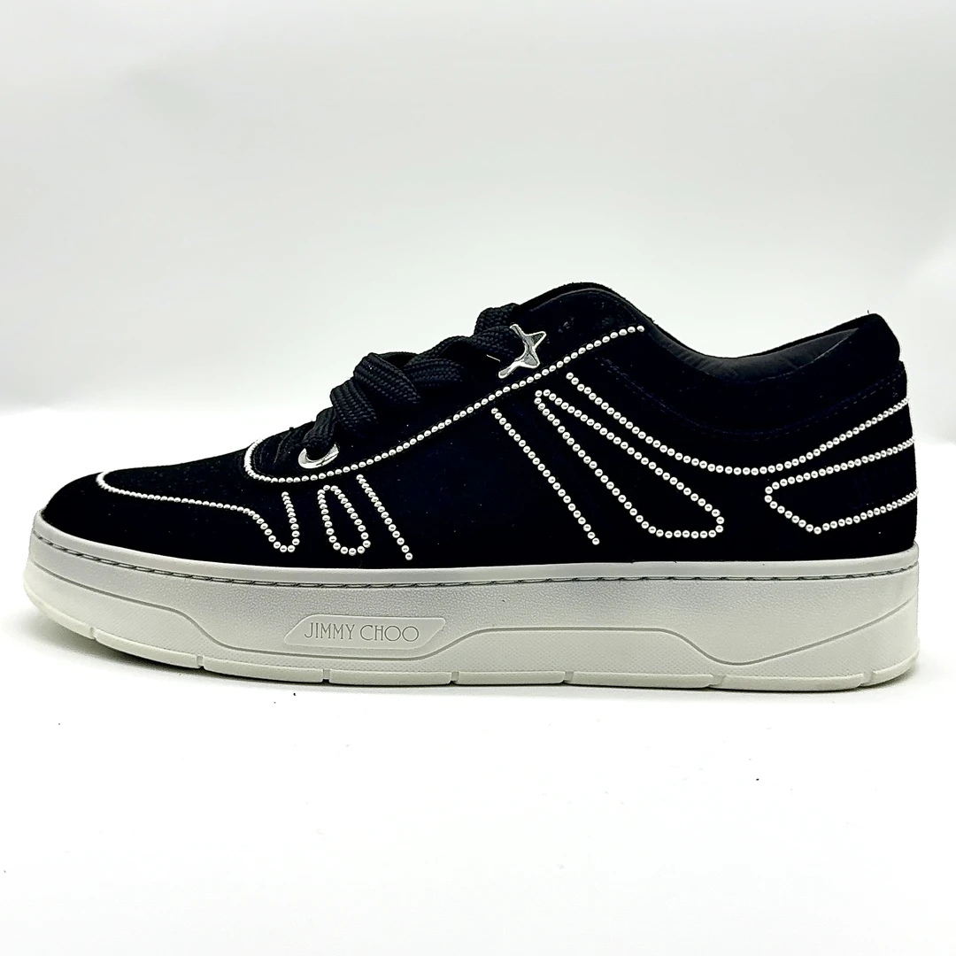 99新 JIMMY CHOO/吉米周 37.5码/黑色绒面珍珠线条时尚舒适板鞋