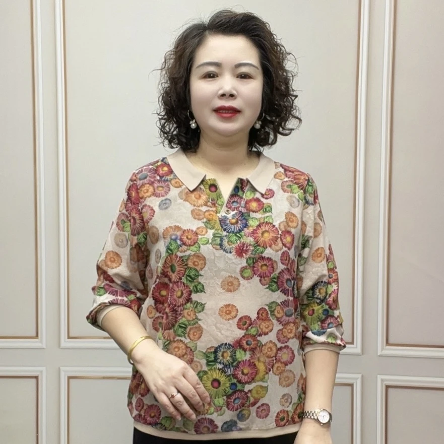 2024秋季时尚妈妈装新款中老年长袖洋气宽松气质百搭休闲打底衫