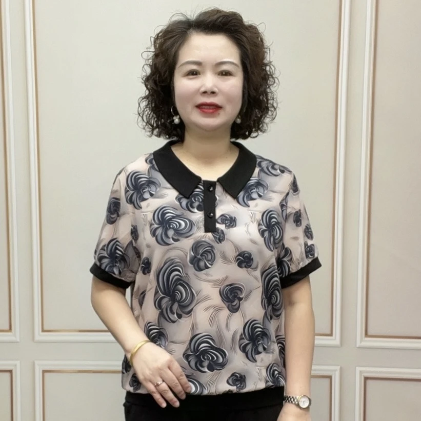 2024夏季时尚新款洋气减龄宽松薄款气质显瘦遮肚百搭短袖妈妈装