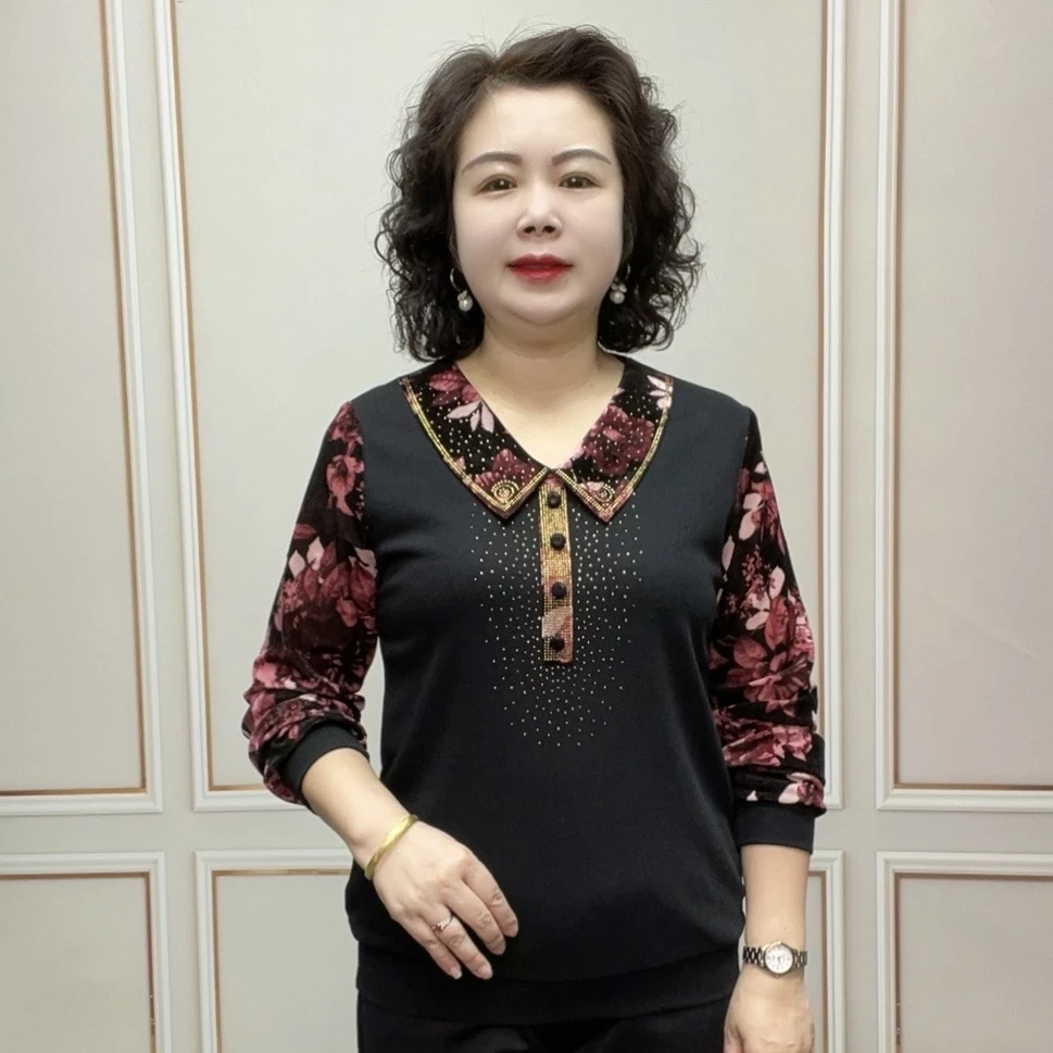 2024秋季时尚新款长袖中老年气质百搭休闲宽松套头妈妈装打底衫