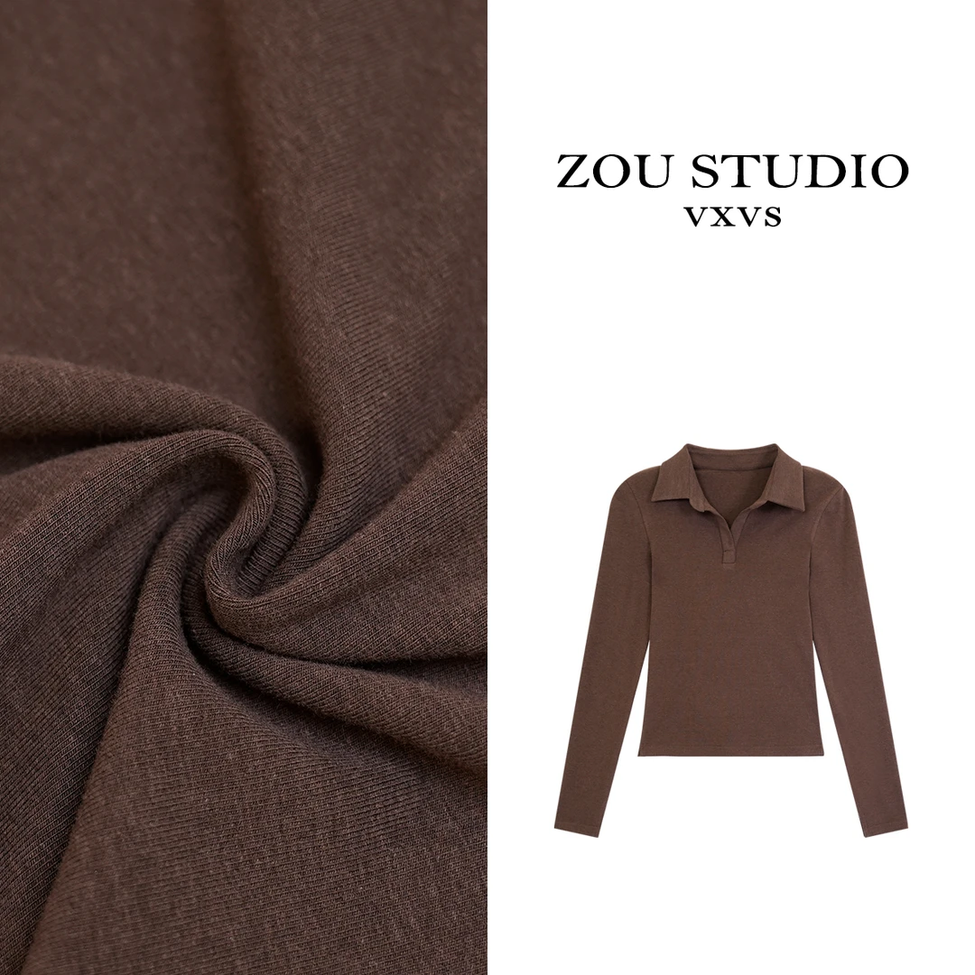ZOU STUDIO 【VXVS】巧克少女 百搭纯色翻领前拉链长袖T恤 0303