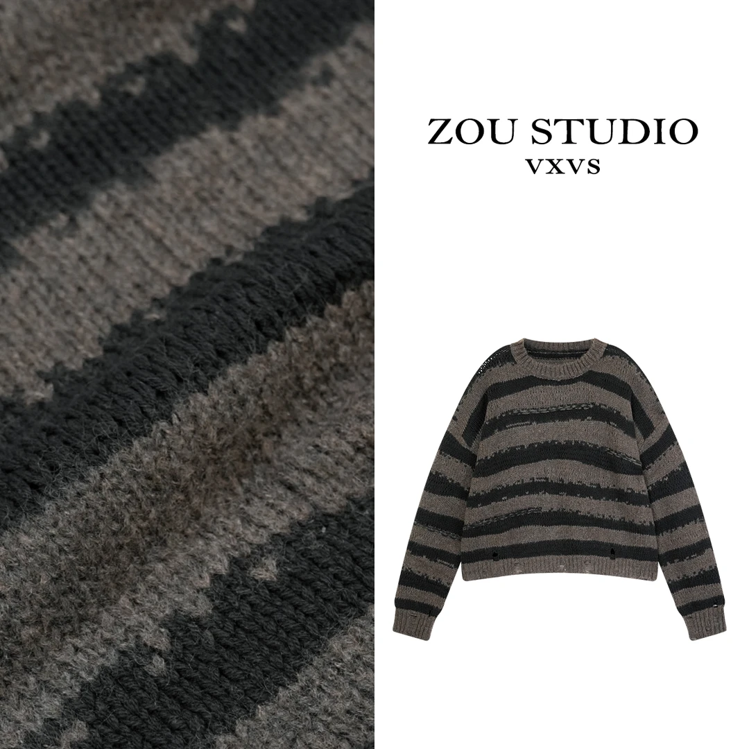 ZOU STUDIO【VXVS】韵律织纹 条纹设计软糯圆领毛衣3944