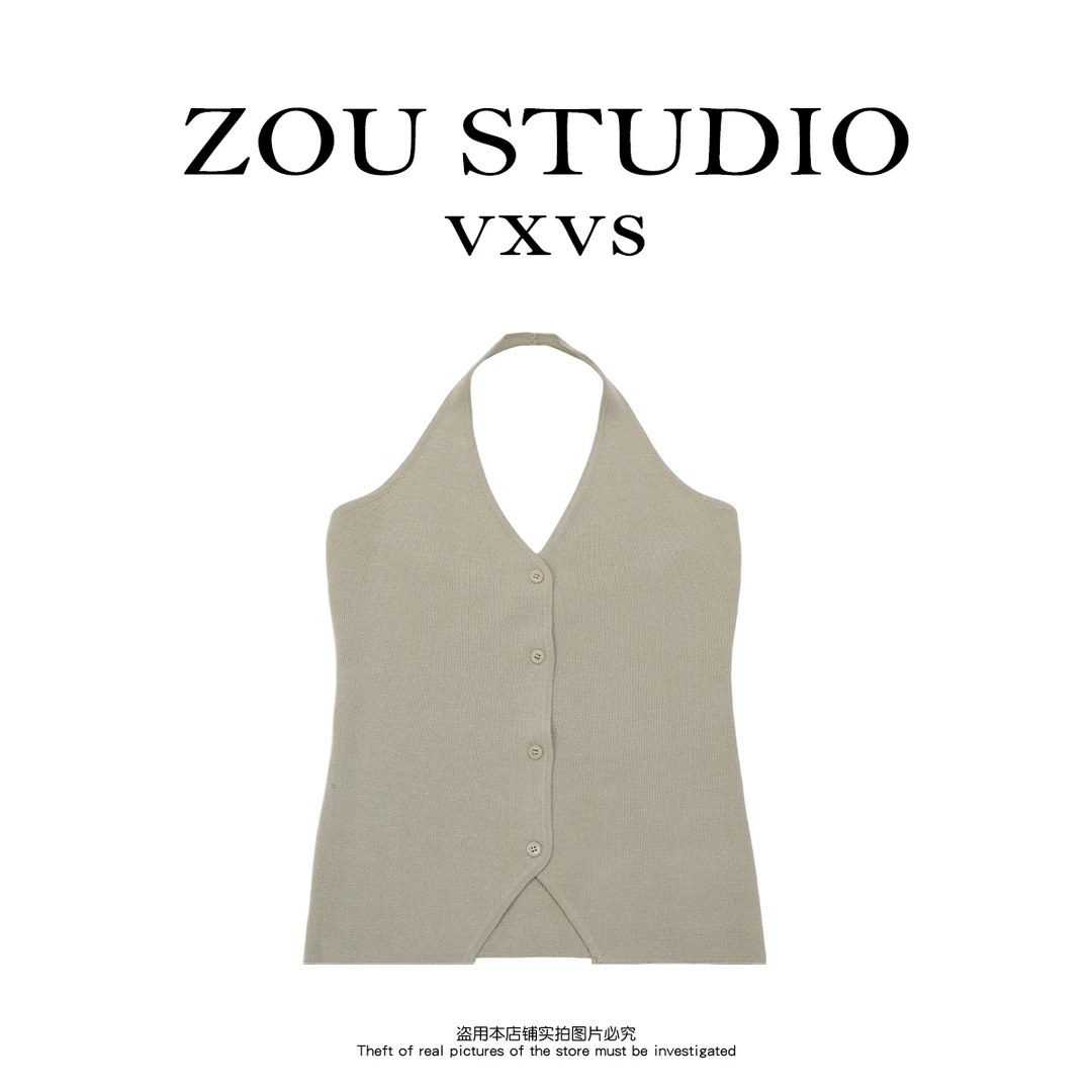 ZOU STUDIO【VXVS】 单排扣挂脖背心  春款百搭纯色针织吊带 361