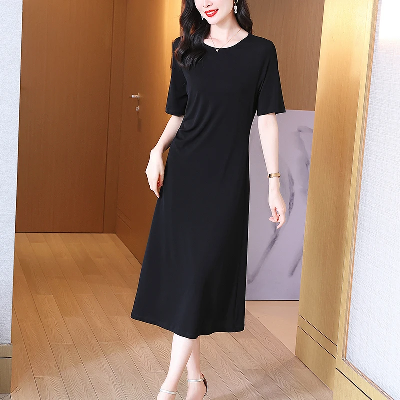 重磅桑蚕丝加捻圆领短袖黑色显瘦连衣裙女真丝针织直筒中长裙3719