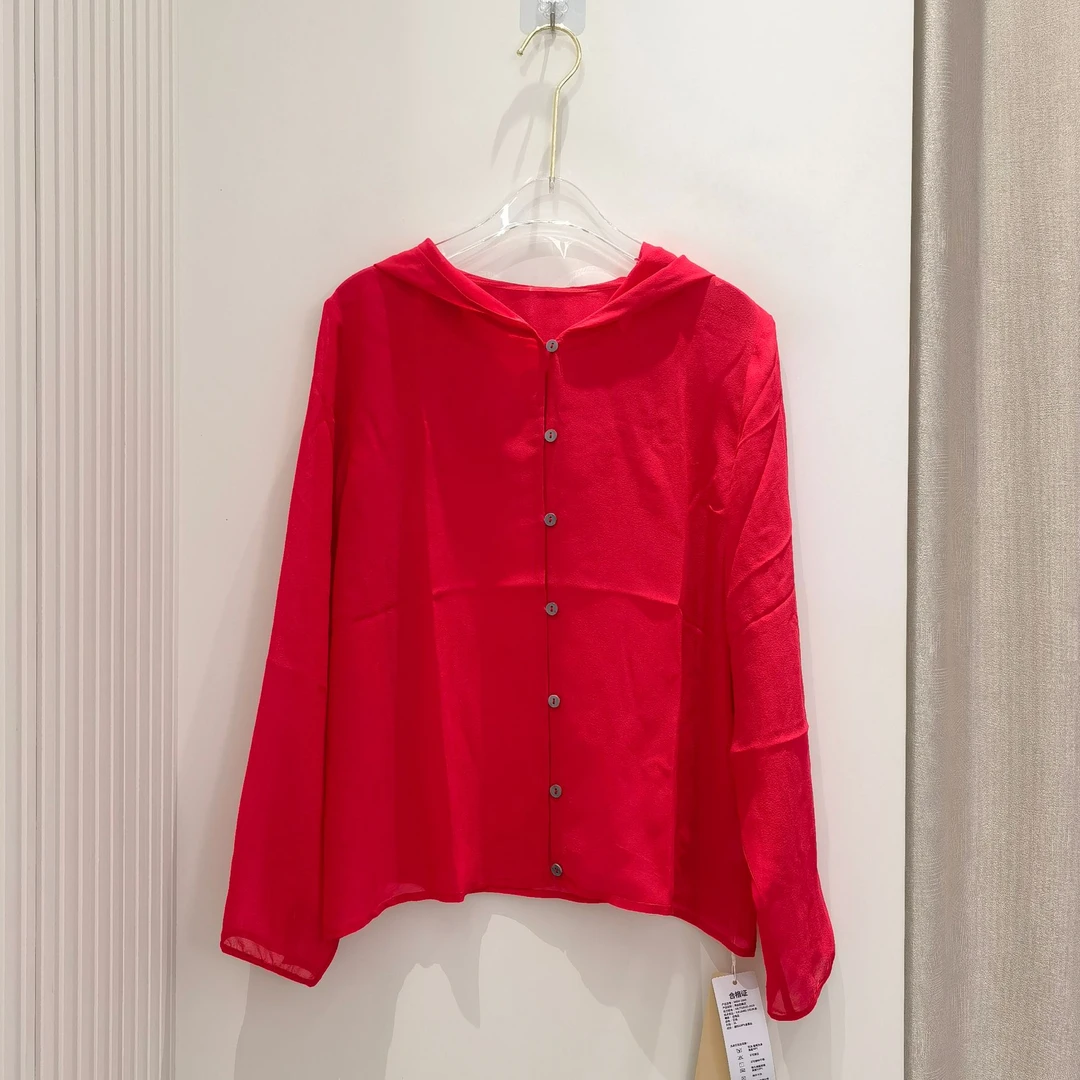 桑蚕丝红色双绉乔其长袖外套女真丝连帽薄款宽松显瘦上衣开衫外搭