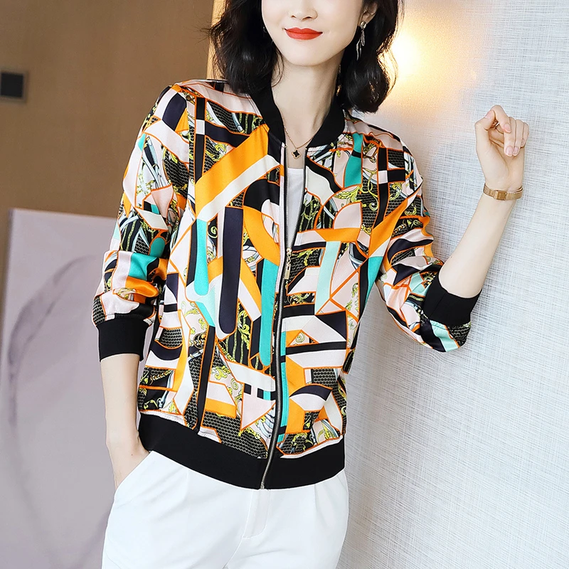 真丝桑蚕丝防晒外套棒球服宽松春季印花上衣时尚春秋洋气女士百搭