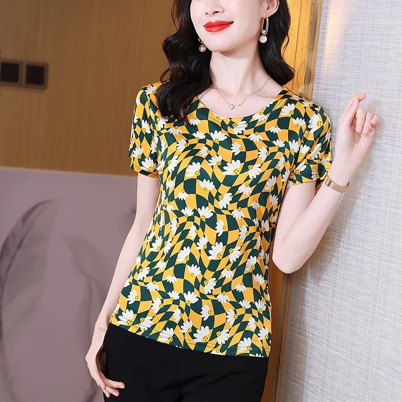 桑蚕丝针织真丝半袖显瘦圆领印花T恤女短袖1352