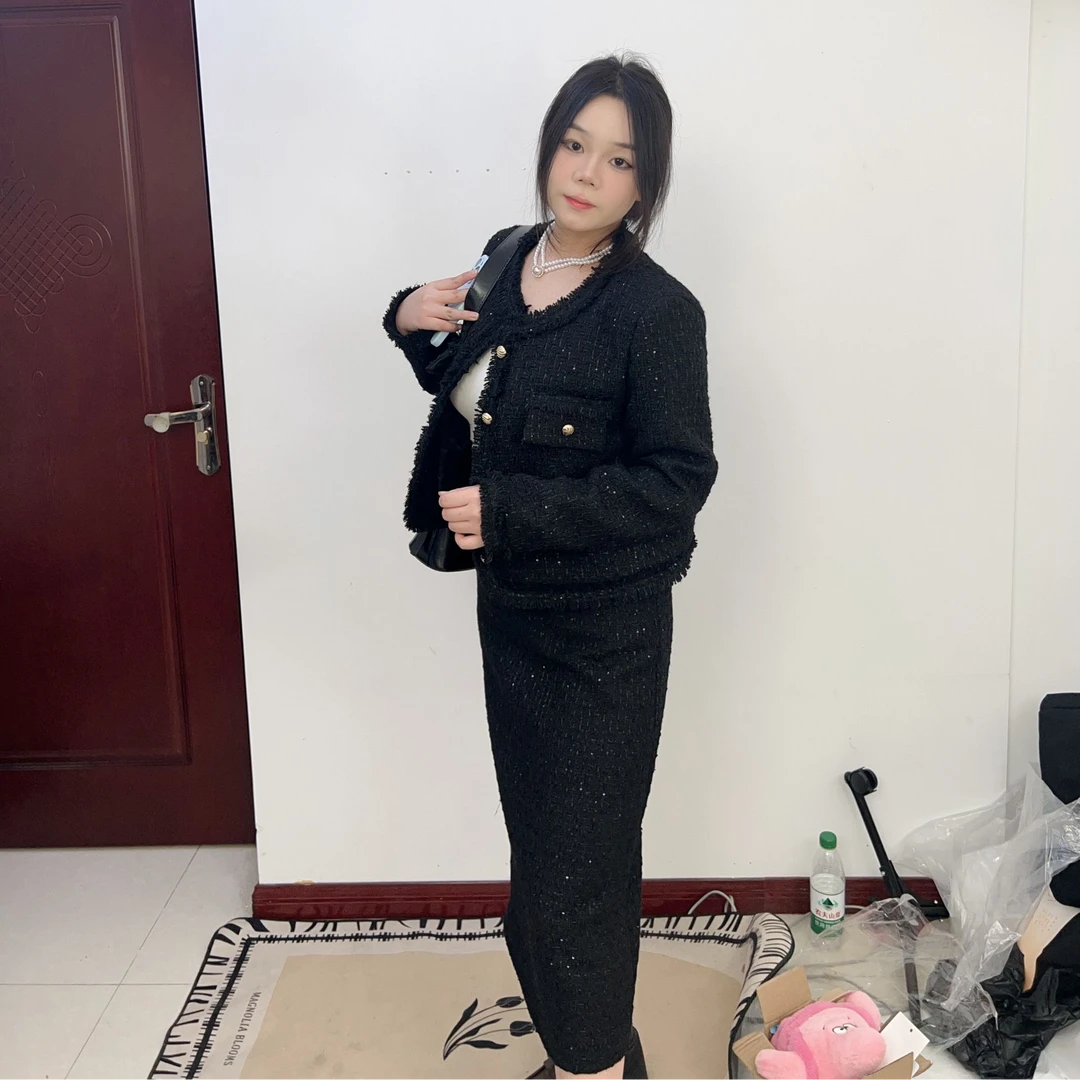 新款小香风短款外套上衣+法式气质高腰显瘦半身裙