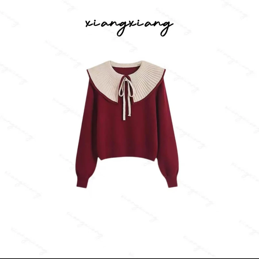 【香香专属】加厚奶慵懒风超好看的娃娃领红色圣诞针织衫上衣XZ2443