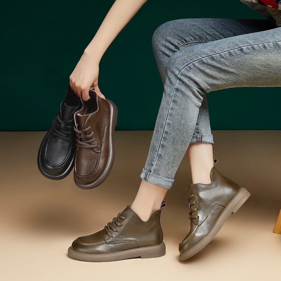 头层牛皮马丁靴系带2024秋冬季新款休闲时尚加绒加厚短靴平跟女靴