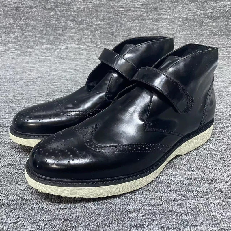 XZ206卡男士时尚皮鞋 牛皮革魔术贴圆头商务休闲鞋 黑色