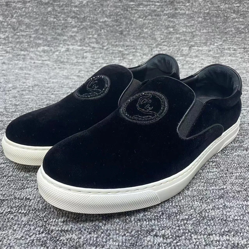 XZ202卡男士时尚皮鞋 织物、牛皮革一脚蹬圆头商务休闲鞋 黑色