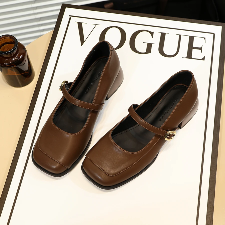 舒适软皮法式一字带玛丽珍鞋女粗跟复古风咖色中跟小皮鞋方头单鞋