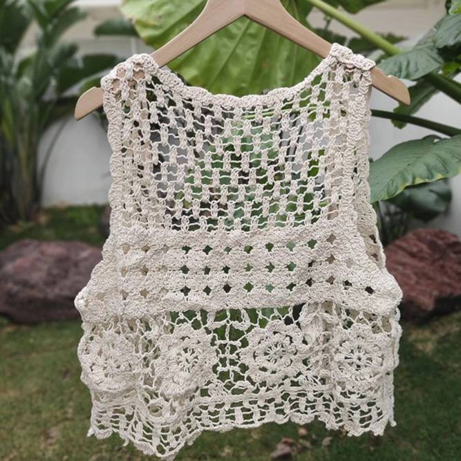 春夏防晒新款棉绳镂空钩针钩花外套女马夹休闲百搭背心只有杏色