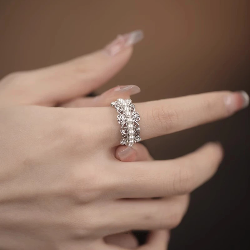 珠珠戒指女ins蕾丝皇冠指环小众设计高级感轻奢时尚个性开口食指