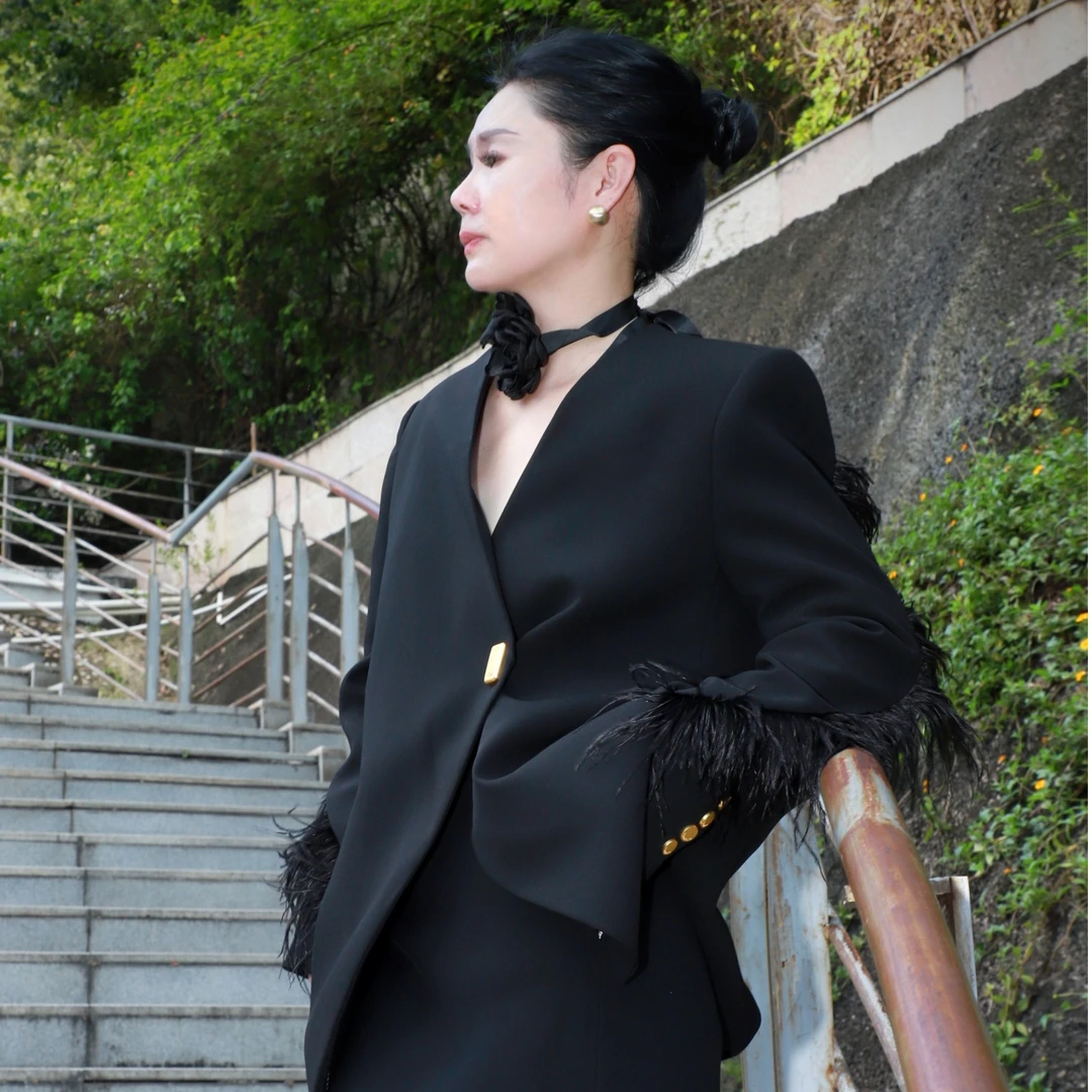 【李瑟琳娜设计服饰】经典黑色羽毛女装西装套装气质小众设计师款式