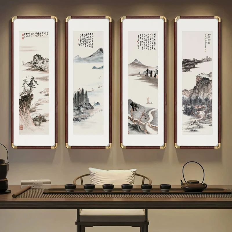 张大千复刻沙发背景墙装饰画四联画办公室壁画风景国画新中式挂画