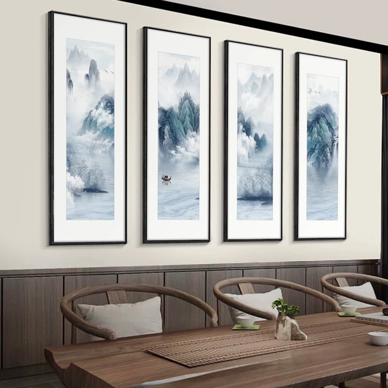 山水画客厅沙发背景墙装饰画四联画办公室壁画风景国画新中式挂画