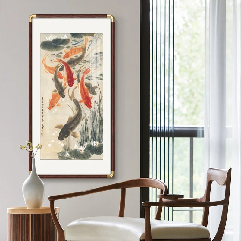 挂画字画装裱客厅山水画实木艺术作品吴青霞九鲤复刻图轴画面工艺