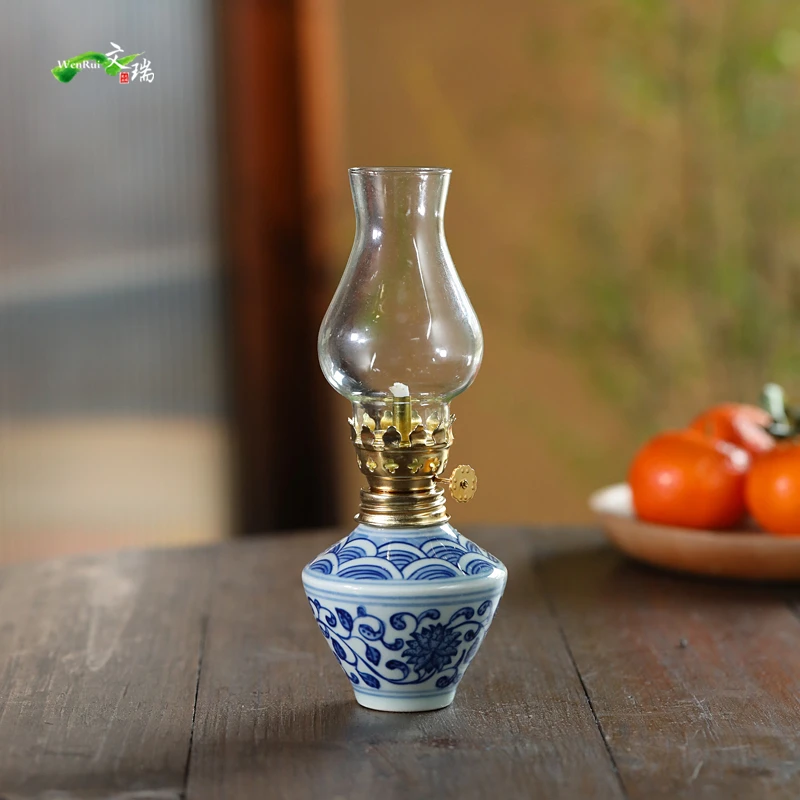 景德镇手绘青花陶瓷酥油灯创意茶室氛围灯老式煤油灯手工设计