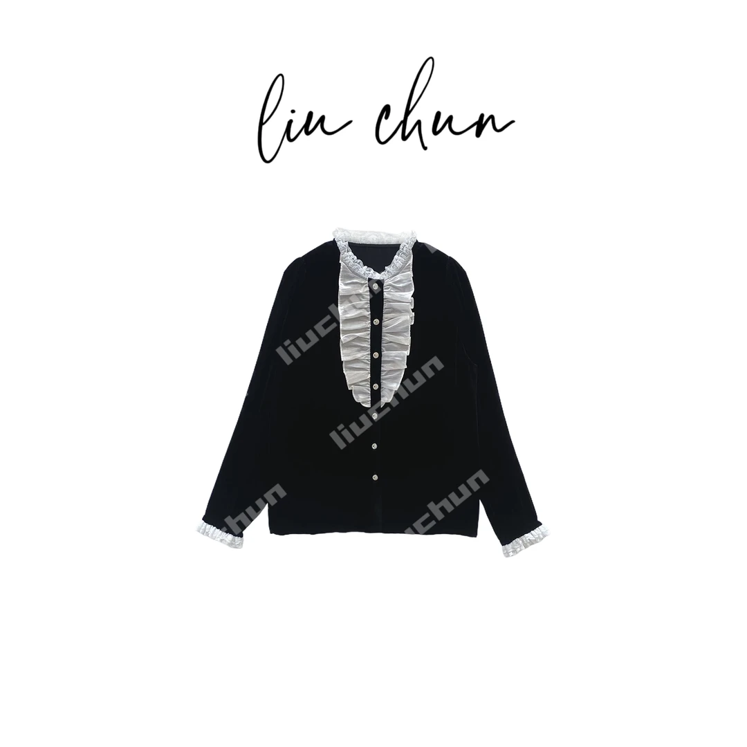 《CHUN》蕾丝领花边桑蚕丝丝绒上衣