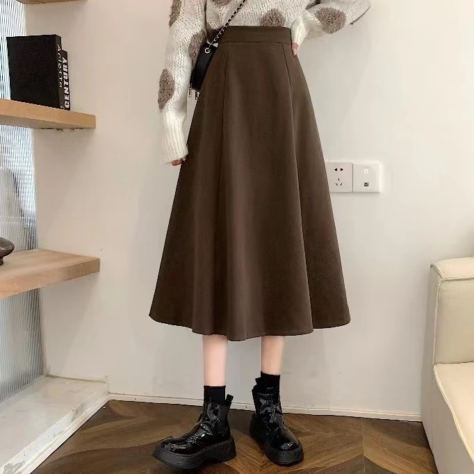毛呢半身中长裙女春秋高腰冬季配毛衣显瘦A字裙大码咖色长款伞裙