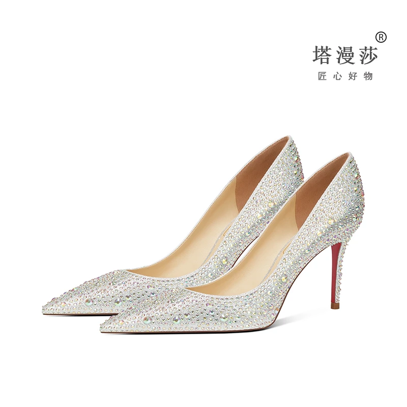 2024早春新款尖头亮片香槟粉婚鞋水晶高跟新娘鞋细跟浅口水钻单鞋