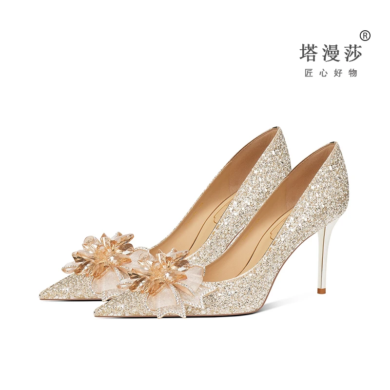 婚鞋女金色高跟鞋细跟婚纱水钻花朵礼服伴娘水晶鞋新娘鞋宴会单鞋