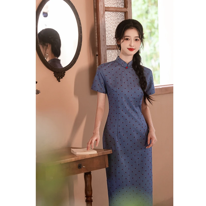 绫素 2025春夏新款复古旗袍蓝色淡雅气质S-3XL