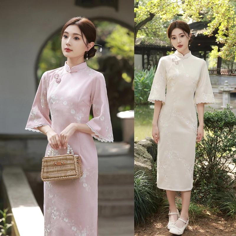 绫素【甜酒】高档绣花旗袍中长款新中式倒大袖收腰显瘦版2色可选