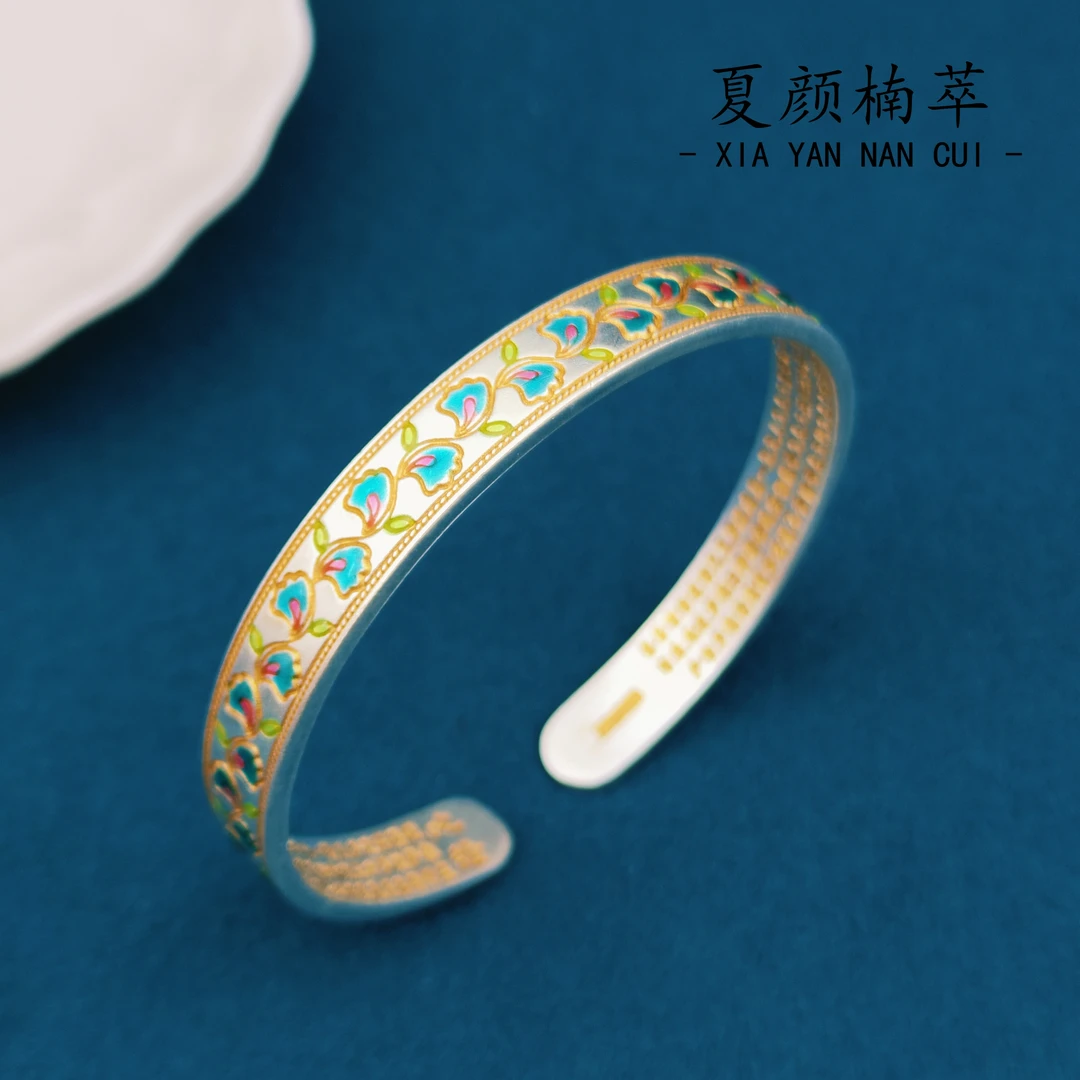 足银珐琅手镯 【夏颜楠萃】足银999.9  描金紫藤花心经手镯