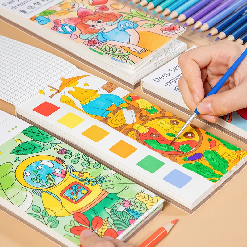 儿童涂色绘本水画本画笔水彩涂鸦便签水粉填色本自带颜料幼儿填色