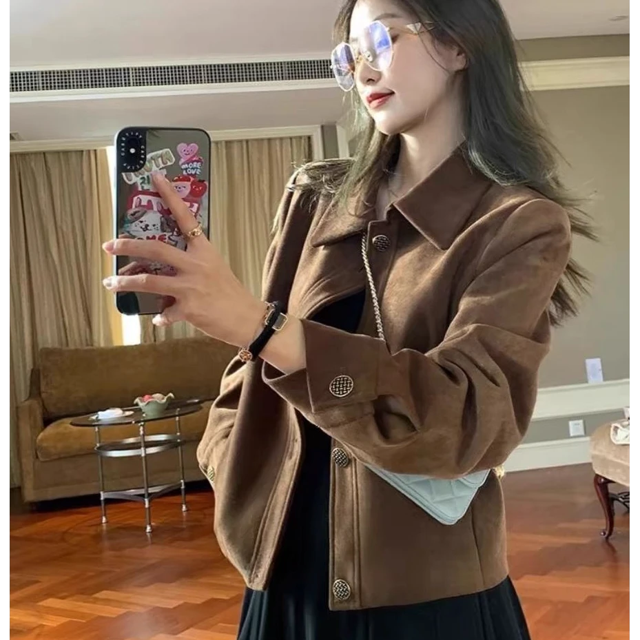 咖色麂皮绒外套女短款2024春秋款韩系宽松休闲复古小个子夹克上衣