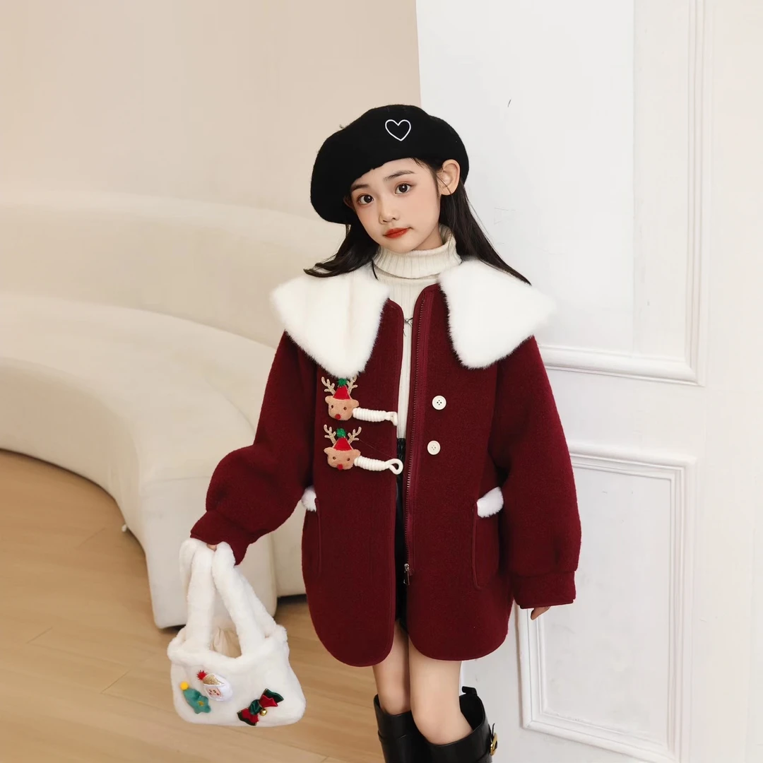女童加厚外套秋冬款2024新款儿童中长版加绒毛呢大衣中大童装年服