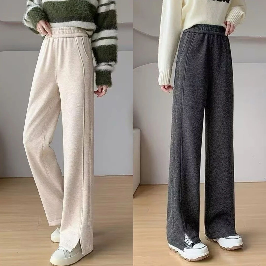大码胖mm桑蚕丝羊毛加绒加厚阔腿裤女秋冬大码直筒宽松长裤8673