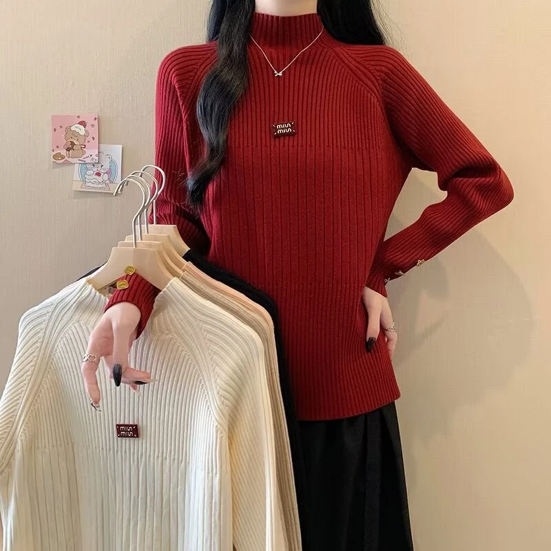 大码遮肉显瘦百搭长袖针织打底衫女秋冬胖mm洋气减龄内搭毛衣3650