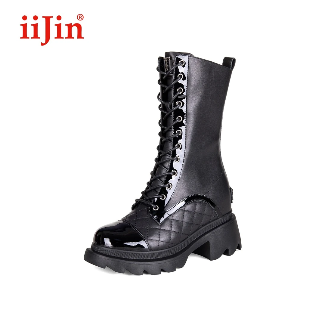 iiJin/艾今官方真皮拼接10cm厚底内增高马丁靴子女YF663OZC