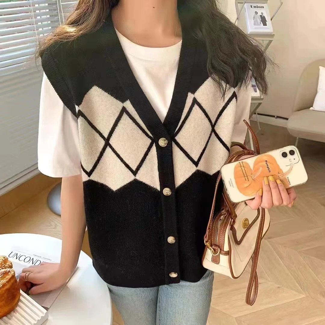 黑白菱格复古马甲百搭气质