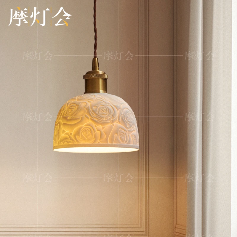 摩灯会 床头吊灯 卧室小吊线灯法式氛围装饰掉线主卧陶瓷鱼24068