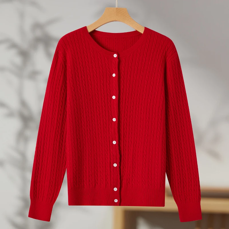 本命年奶奶秋装纯羊毛开衫中老年妈妈秋冬全毛针织外套老太太衣服