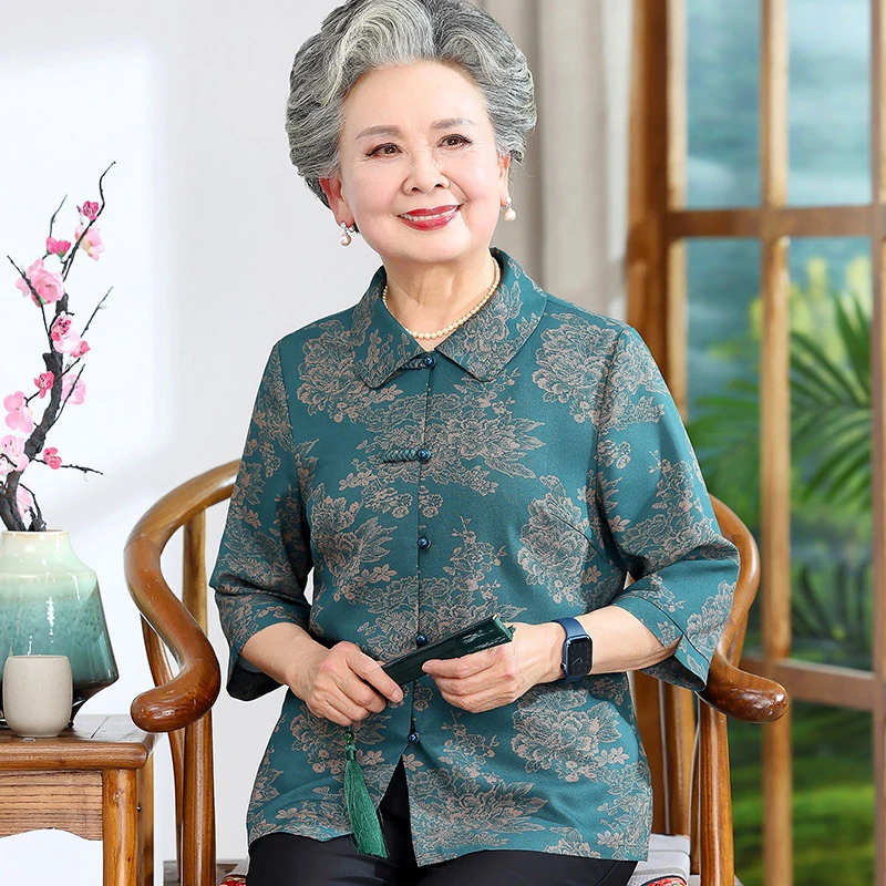 老年人妈妈夏装七分袖衬衫上衣60岁70奶奶夏季衬衣套装老太太衣服
