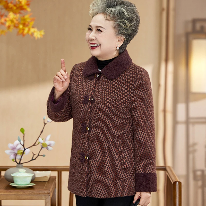 老年人妈妈秋冬加绒外套60岁70奶奶加厚呢子上衣80老太太婆婆衣服