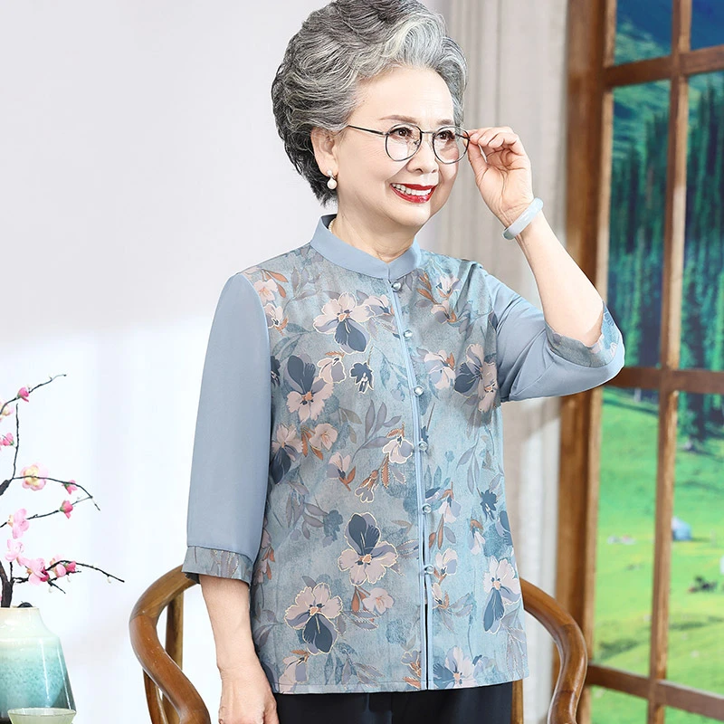 奶奶夏装衬衫纱袖上衣老年妈妈夏季宽松衬衣雪纺衫60岁70婆婆衣服