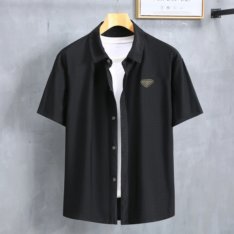 男士衬衫加肥加大码冰丝透气时尚薄款半袖t恤胖子速干弹力衬衣夏