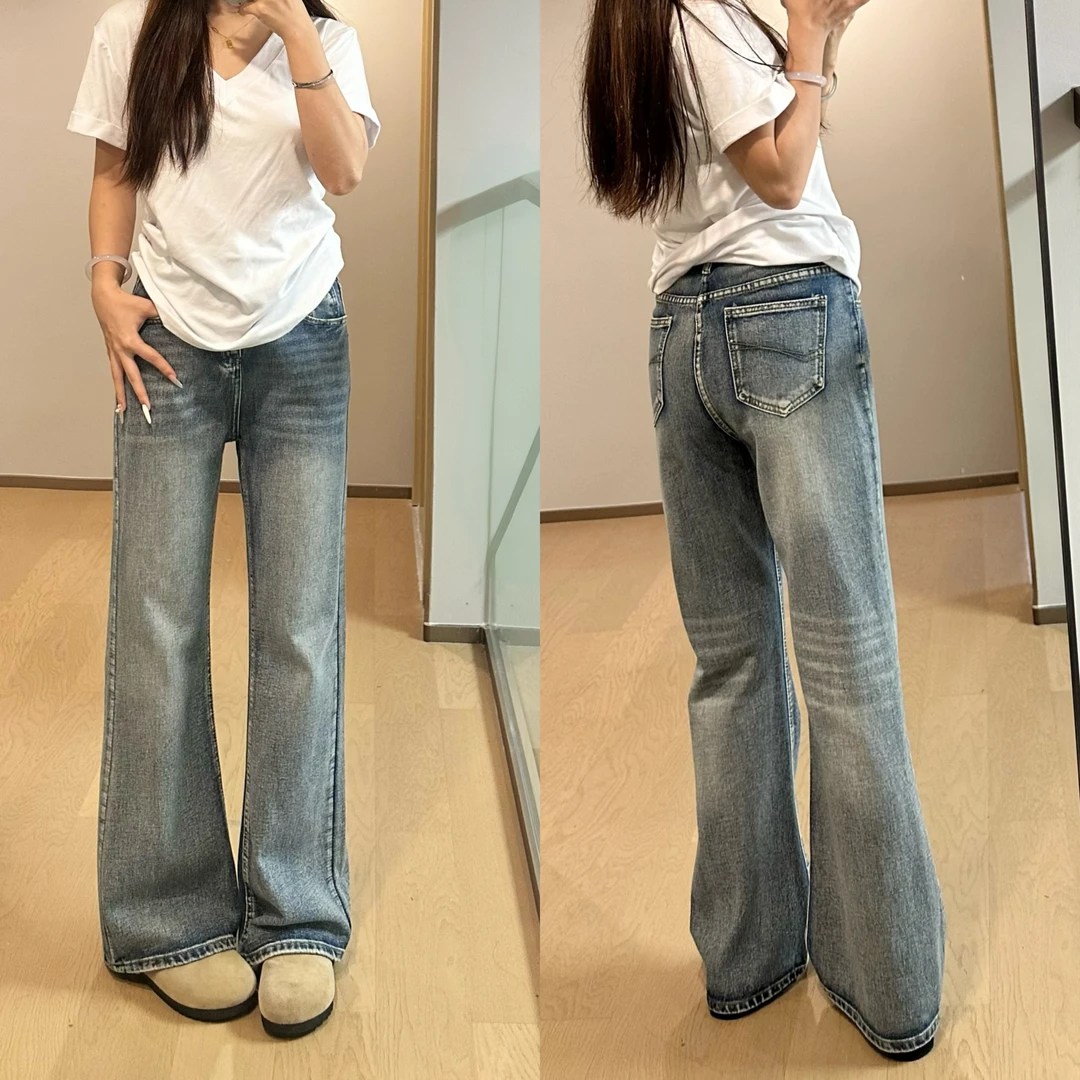 高个子加长美式复古不贴腿微喇叭牛仔裤女秋季高腰宽松显瘦拖地裤