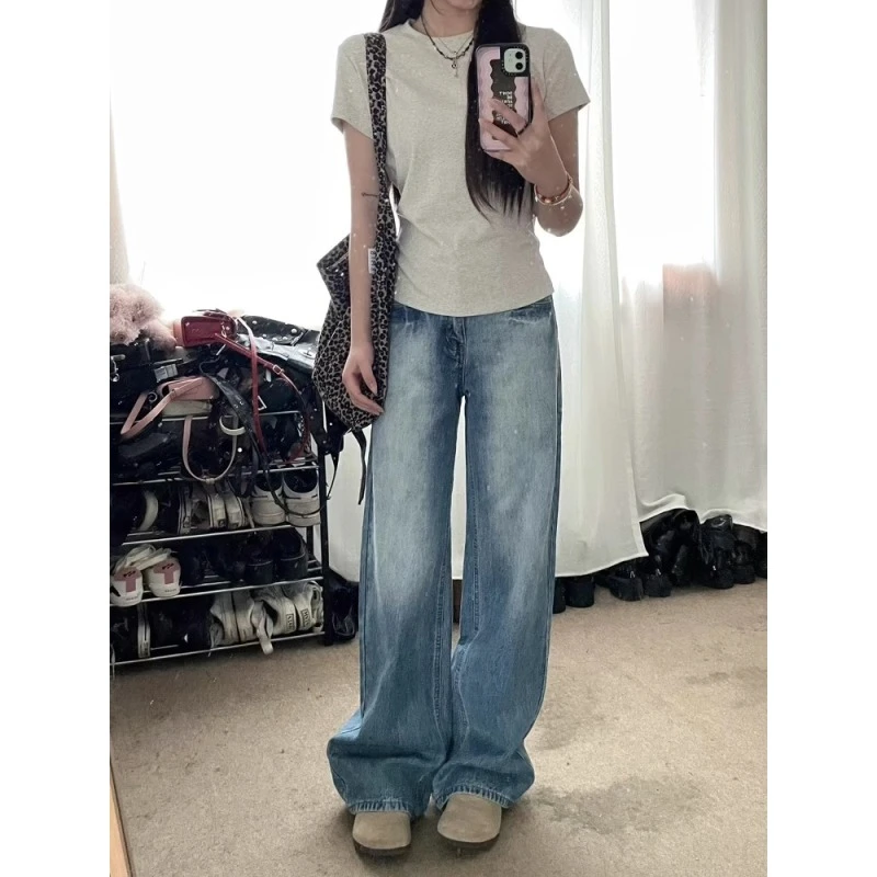 美式裂纹高腰水洗蓝阔腿牛仔裤女秋季新款宽松显瘦垂感直筒拖地裤