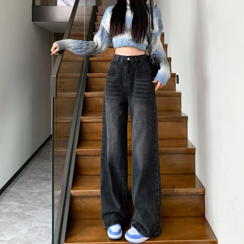 黑灰色阔腿牛仔裤女春秋2024年新款高腰显瘦窄版宽松直筒裤子加长