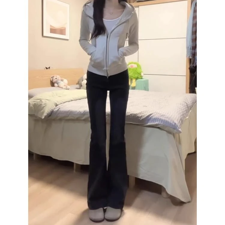 美式复古黑色微喇叭牛仔裤女春秋季新款高腰弹力显瘦直筒马蹄裤子