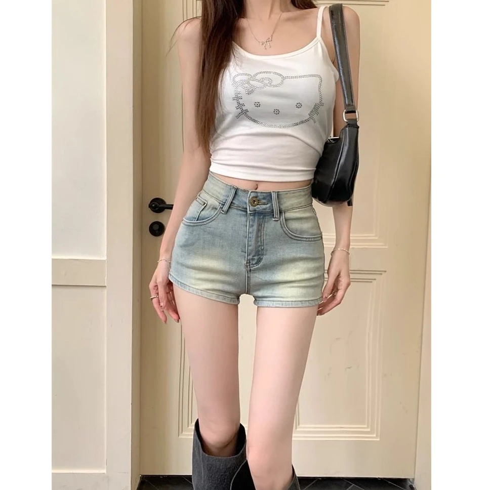 水洗蓝色牛仔短裤女夏季复古高腰休闲直筒裤子小个子辣妹修身热裤